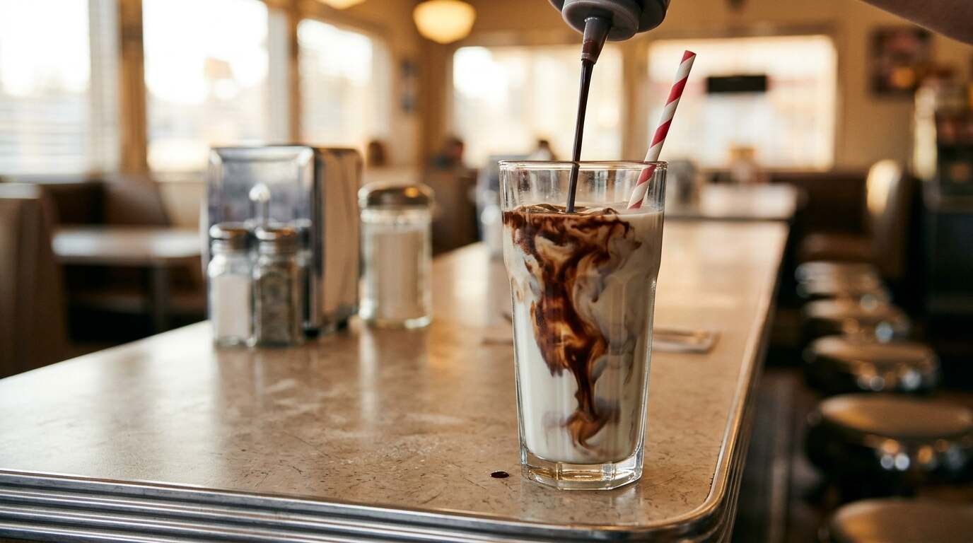 Chocolate syrup being poured into a tall glass with milk