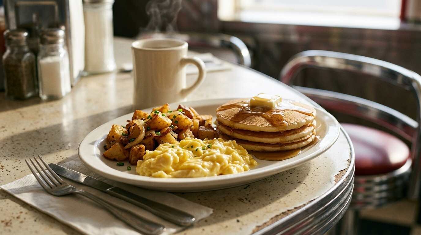 Classic diner breakfast plate with scrambled eggs, home fries and pancakes