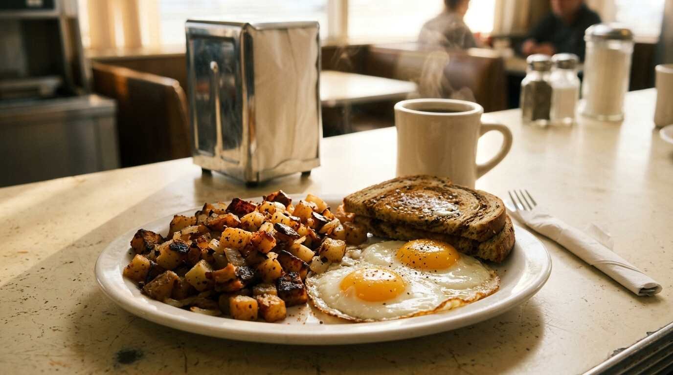 Diner breakfast plate with home fries, sunny-side-up eggs and rye toast