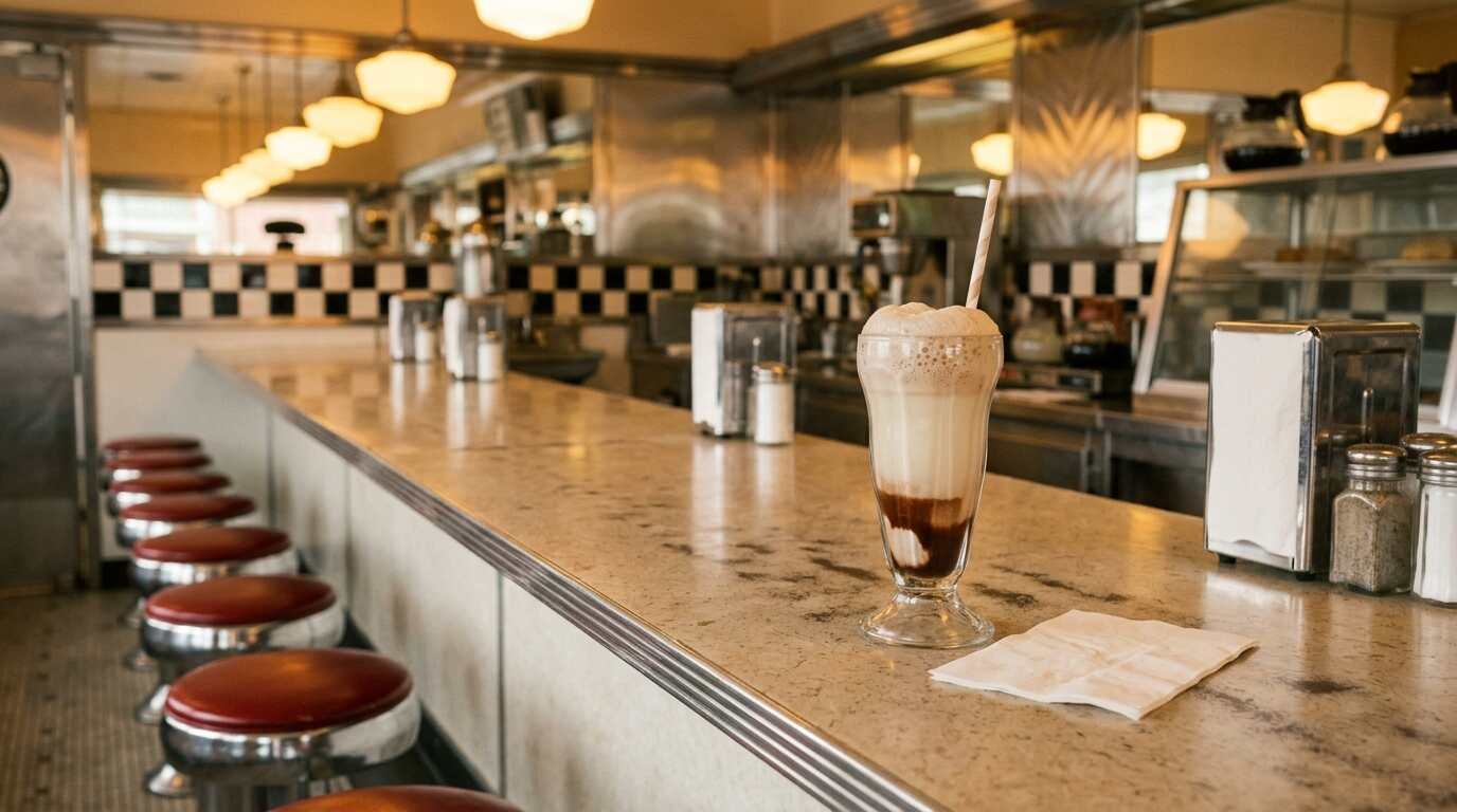 Diner counter with red stools and a glass of egg cream
