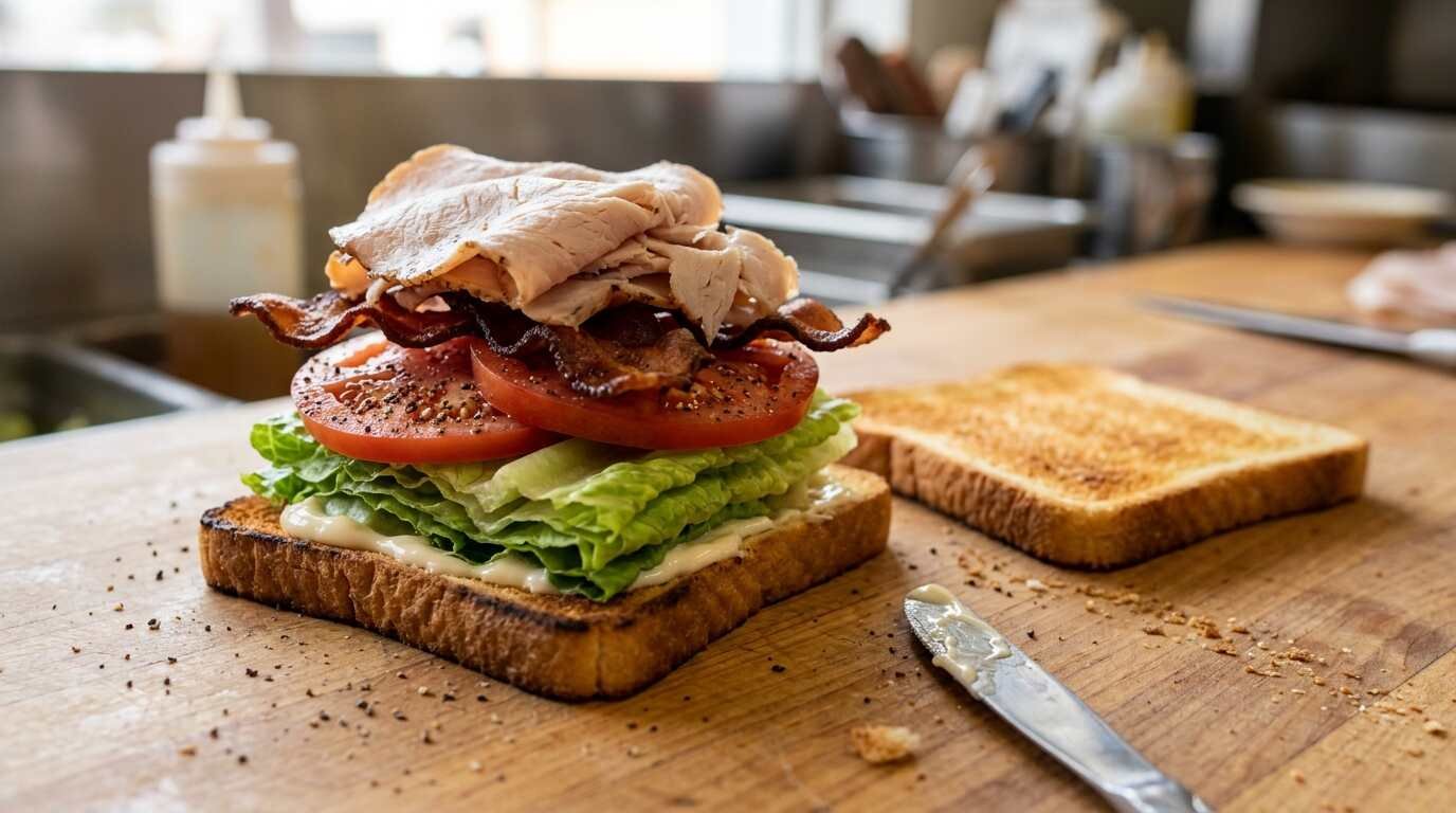 Club sandwich being assembled on a butcher block