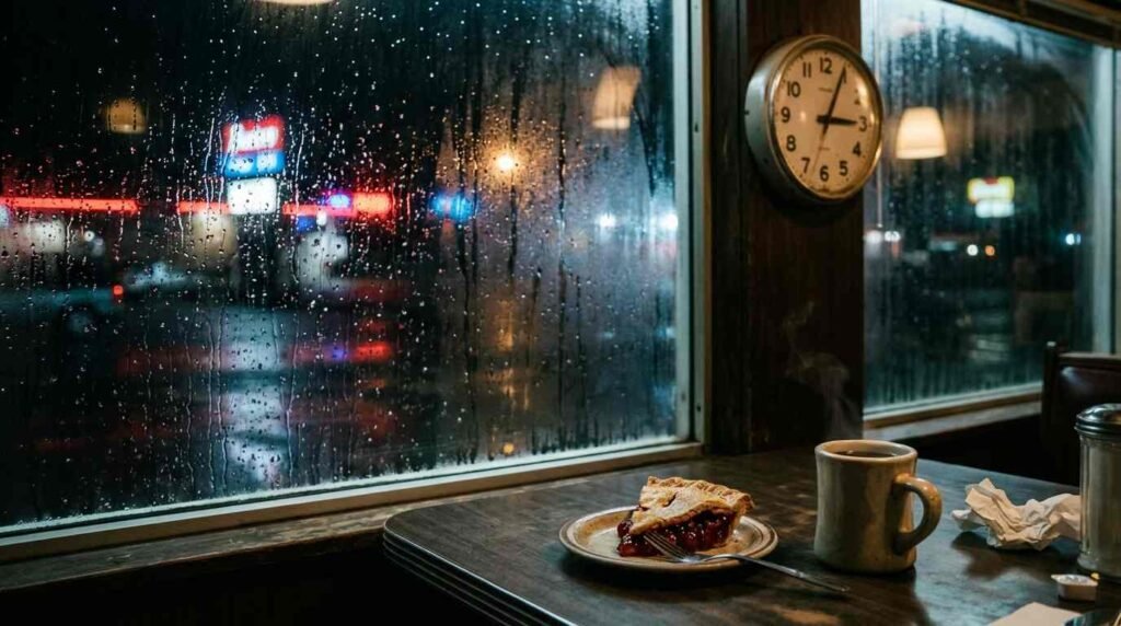 Slice of pie and coffee on a rain-streaked diner window sill at night