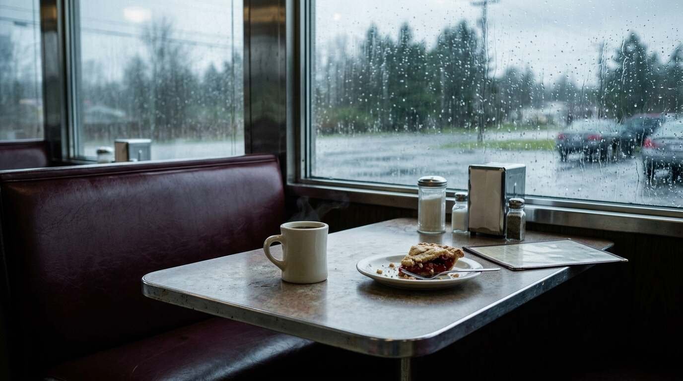 Cup of coffee and a slice of pie on a diner booth table beside a rain-streaked window