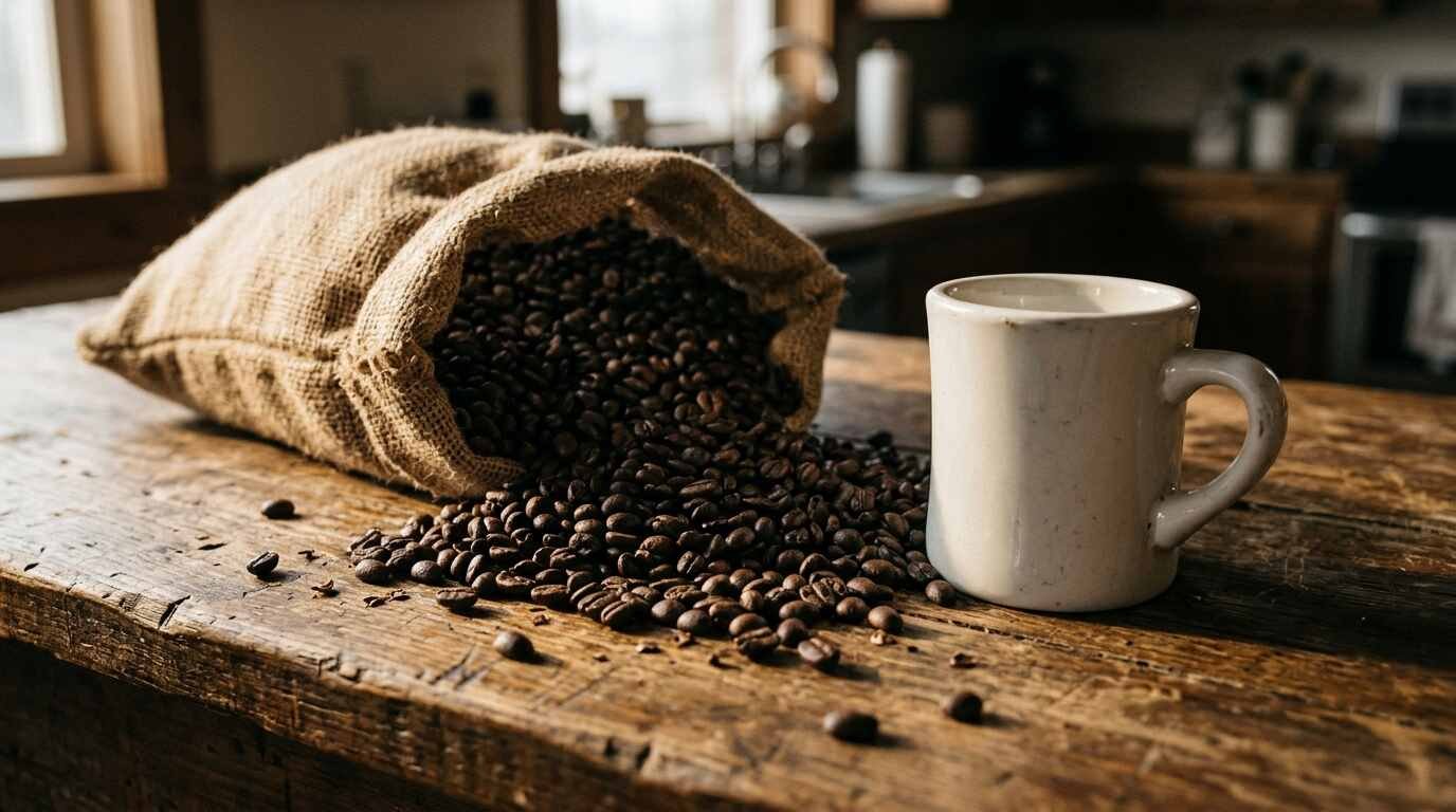 Whole coffee beans spilling from a burlap sack beside an empty white diner mug