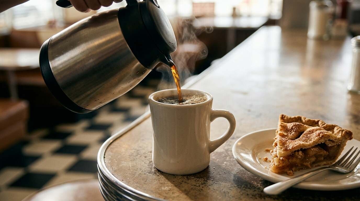 Dark coffee pouring from a thermal carafe into a diner mug beside apple pie