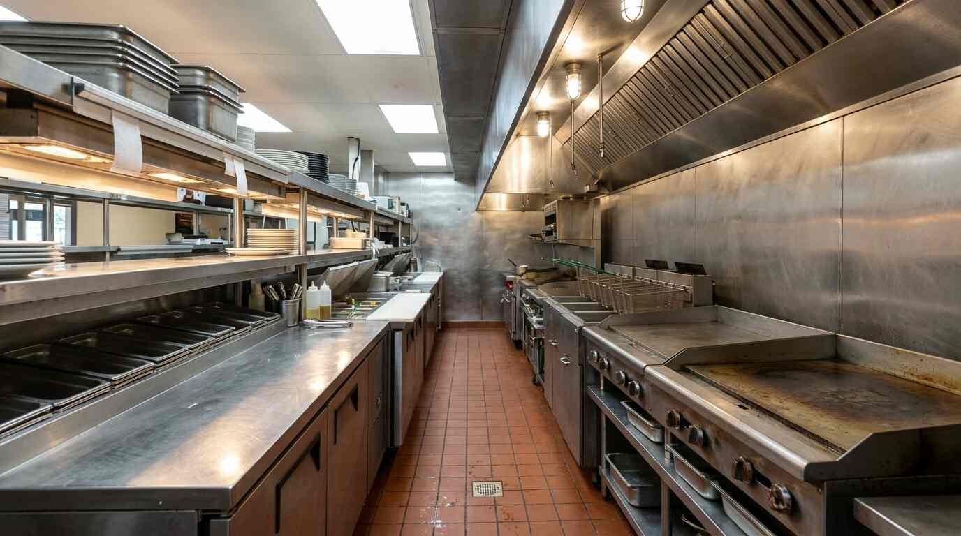 A clean stainless-steel commercial kitchen line with a flat-top grill and fryers
