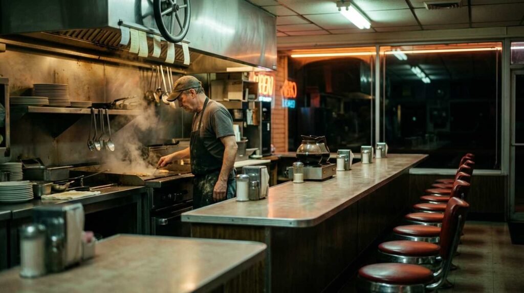 Short-order cook at an empty diner counter at 4 a.m.