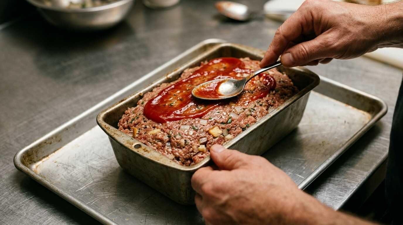 Pressing meatloaf mixture into a loaf pan