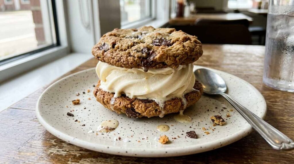 Cookie sandwich with vanilla soft serve on a diner plate