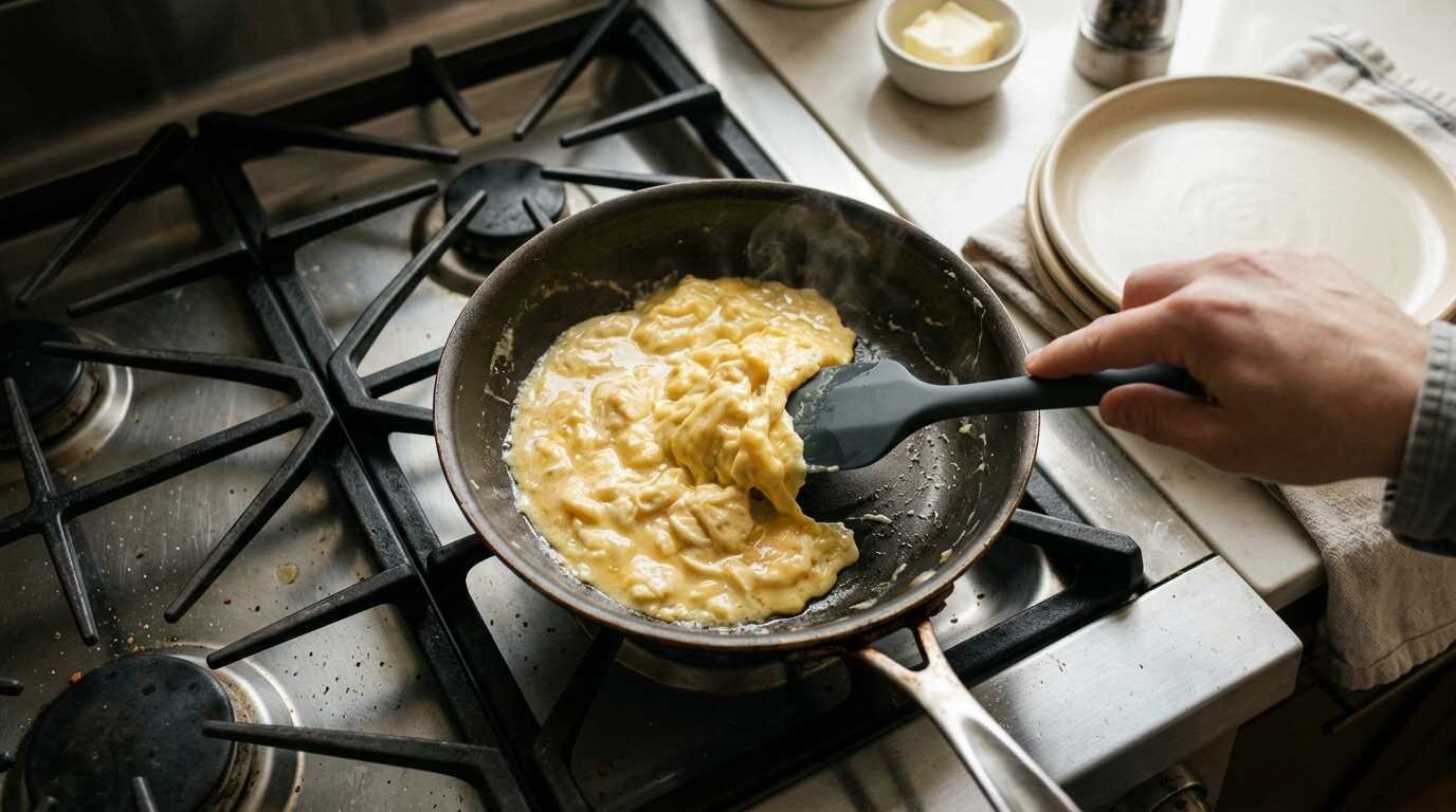Folding soft scrambled eggs in a nonstick skillet