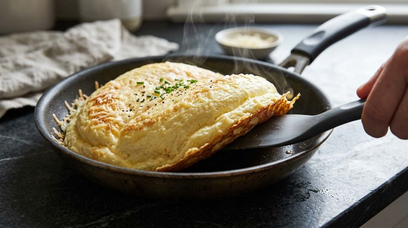 Cooks stirring a giant festival omelet skillet