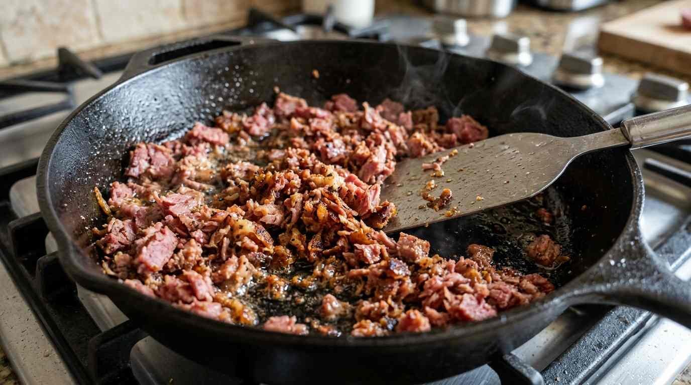 Chopped corned beef browning in a skillet with a metal spatula