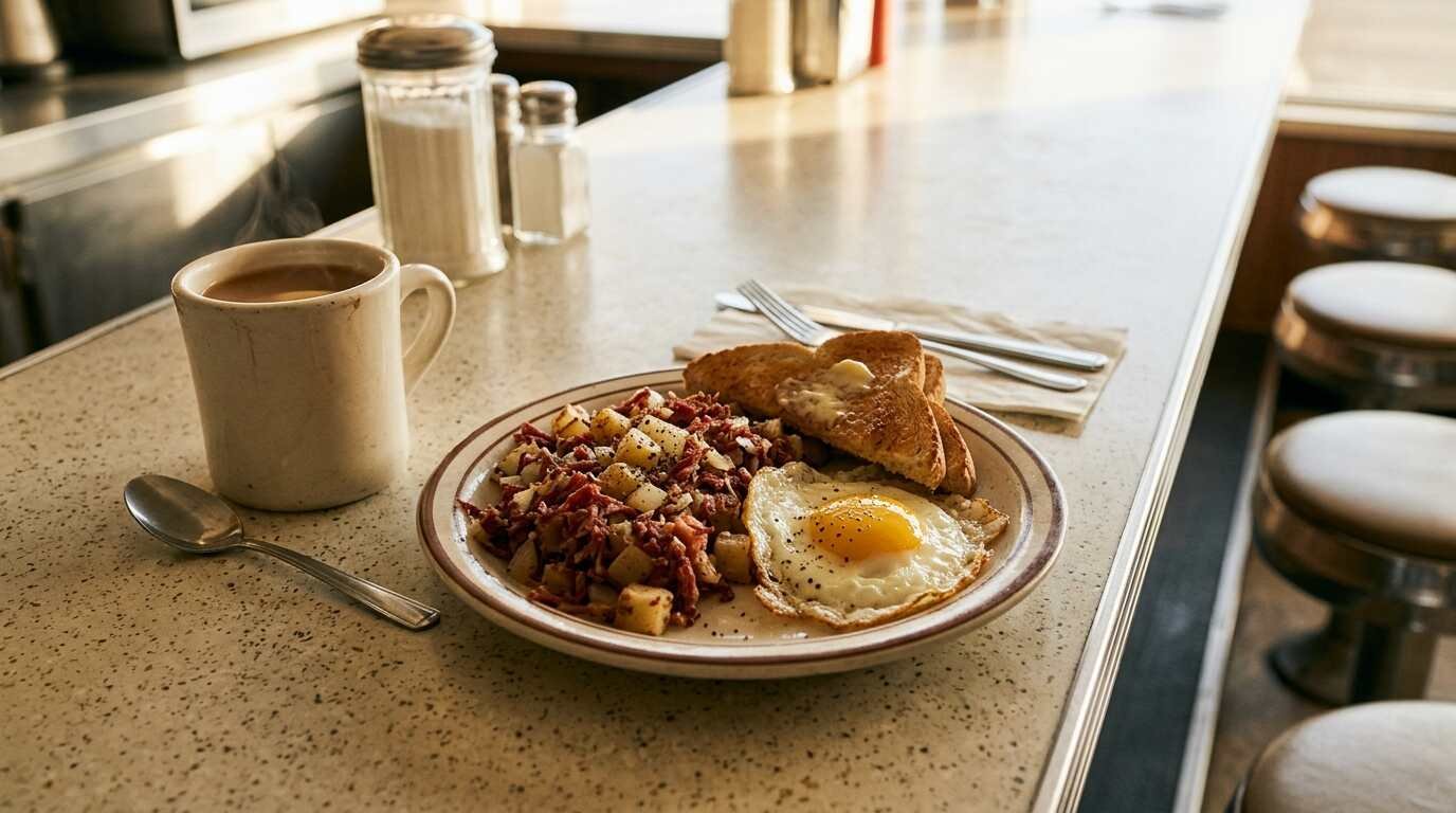 Corned beef hash with a fried egg, toast and coffee on a diner counter