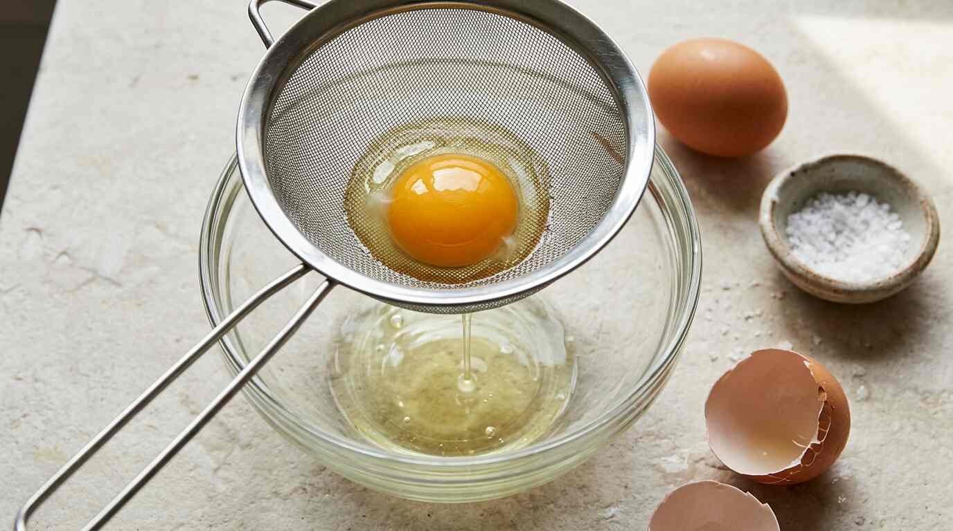 Cracked egg draining in a fine-mesh strainer