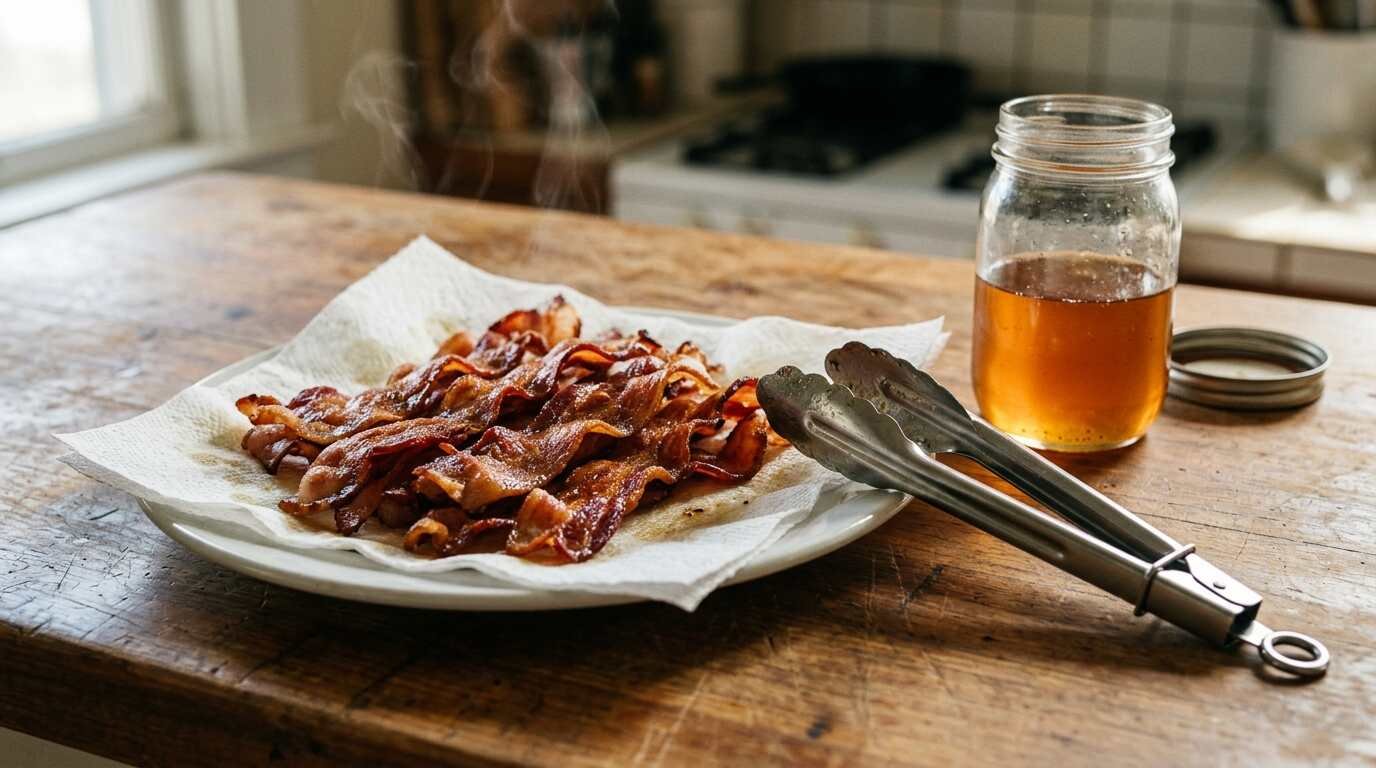 Crispy bacon draining on a plate beside tongs and a jar of grease