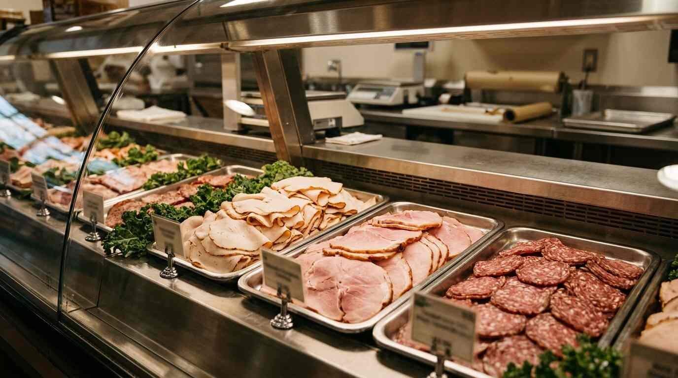 A deli counter display case with trays of sliced ham, turkey and salami