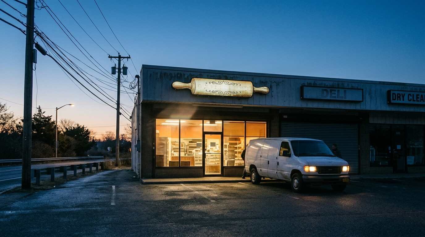 Suburban bakery storefront glowing at dawn with a delivery van parked outside