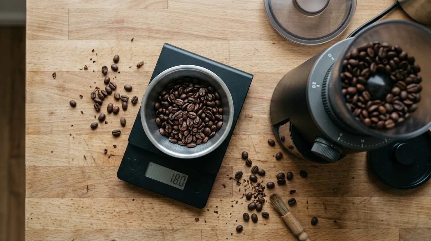 Digital scale weighing whole coffee beans beside a burr grinder