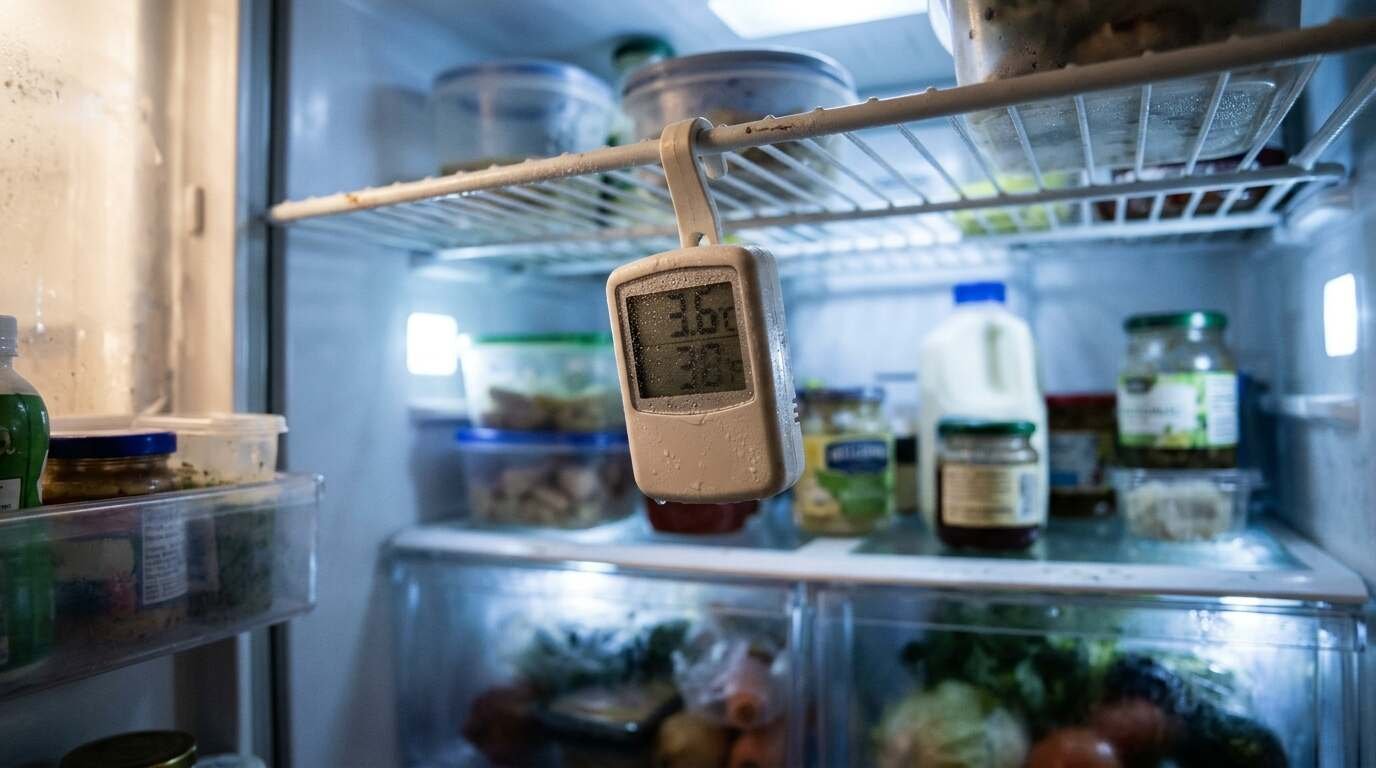 A digital thermometer hanging on a wire shelf inside an open refrigerator
