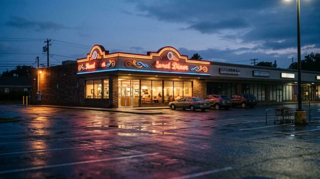 Long Island strip-mall diner at dusk with glowing windows