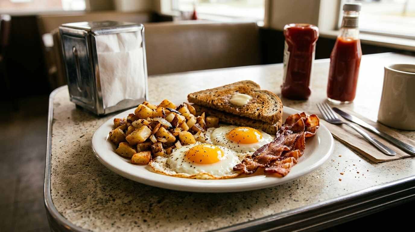 Diner breakfast plate with crisp home fries and eggs