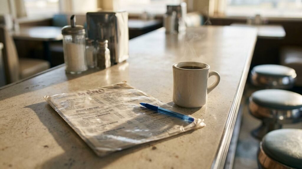 Steaming mug of coffee and a worn laminated menu on a diner counter beside a blue pen