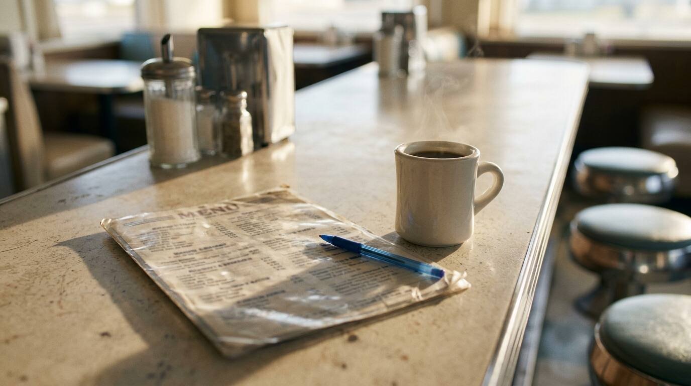 Steaming mug of coffee and a worn laminated menu on a diner counter beside a blue pen