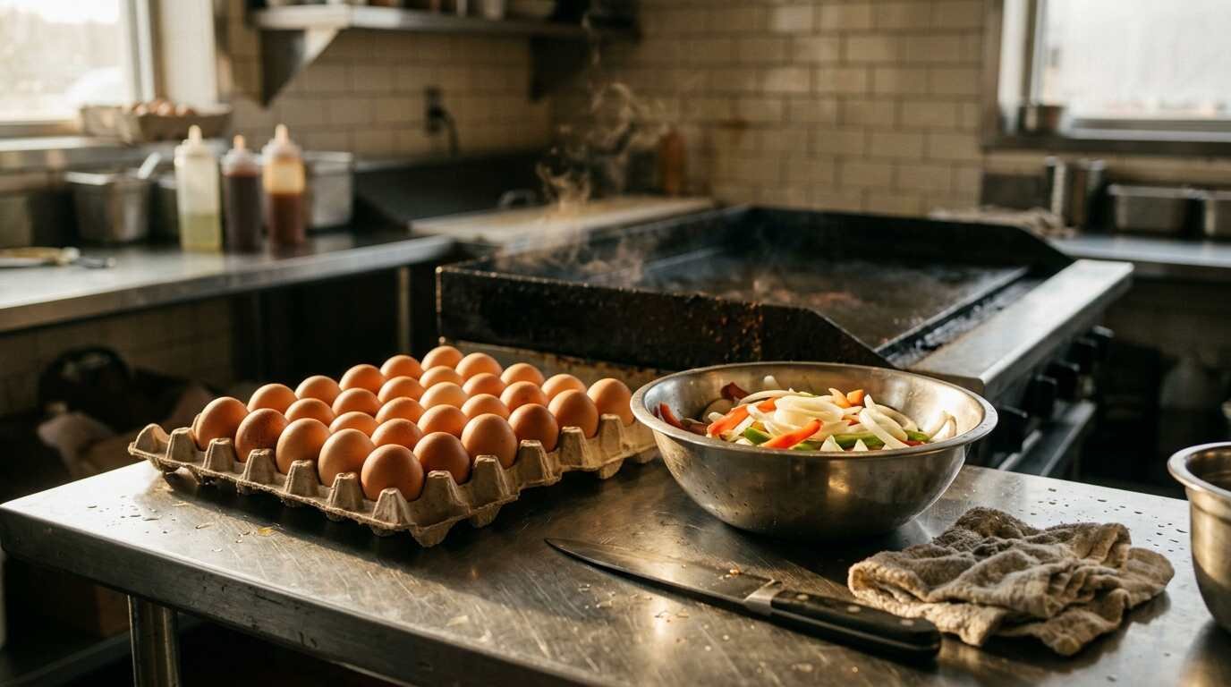 A stainless steel diner prep counter holding a tray of brown eggs and a bowl of sliced onions and peppers, with a flat-top grill behind