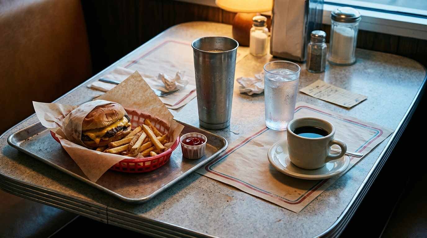 Diner table set for two with a burger, fries and a milkshake