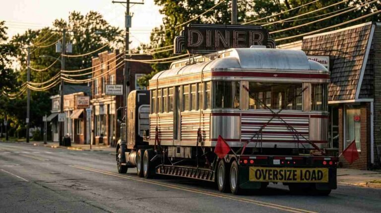 Stainless steel diner riding on a flatbed truck down a Long Island road at golden hour