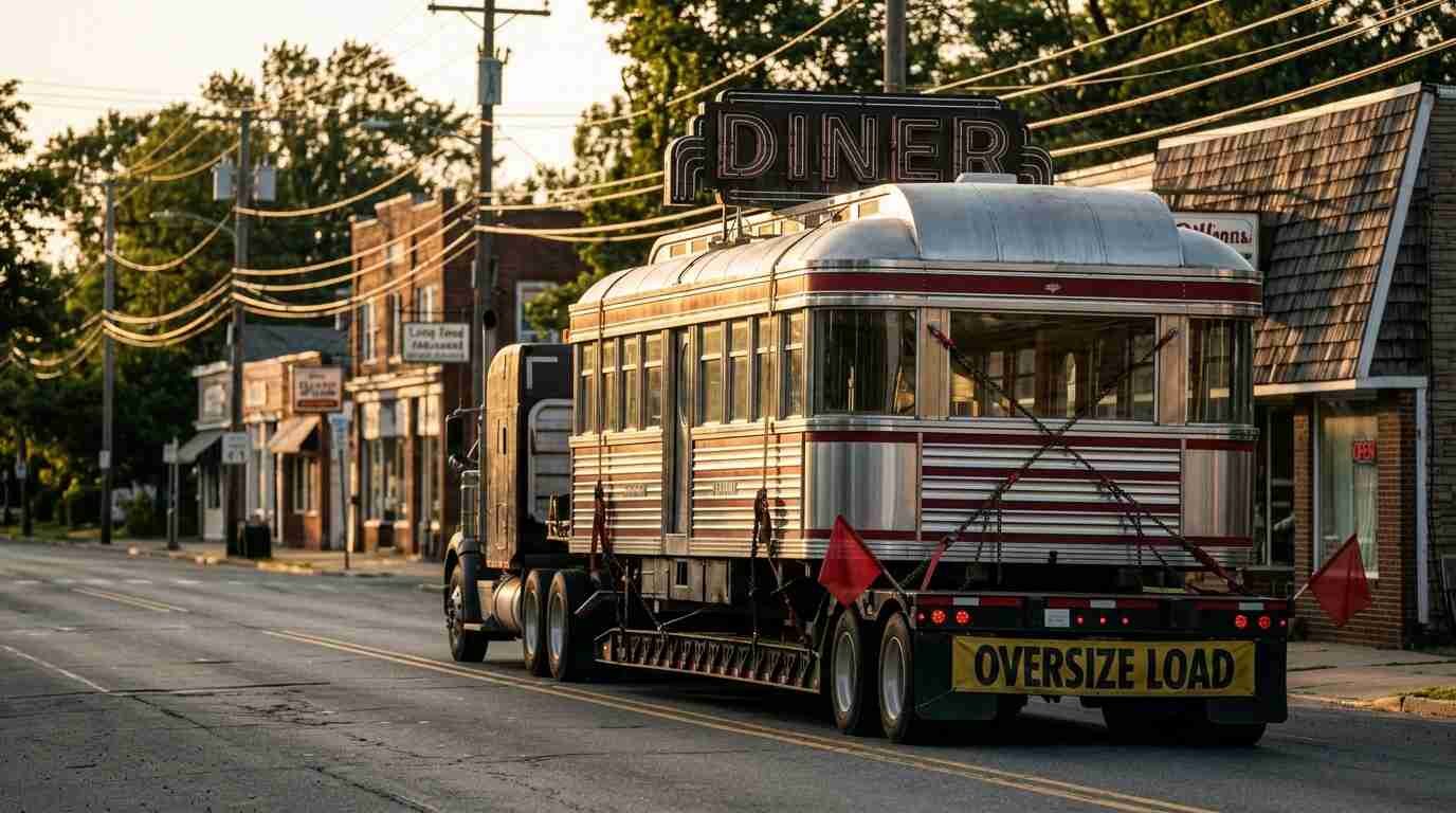 Stainless steel diner riding on a flatbed truck down a Long Island road at golden hour