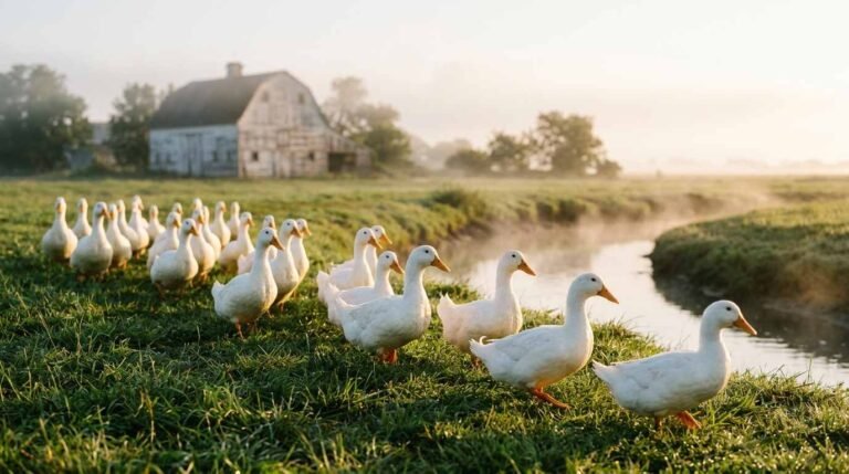 Ducks walking along a grassy bank at Crescent Duck Farm in Aquebogue, Long Island