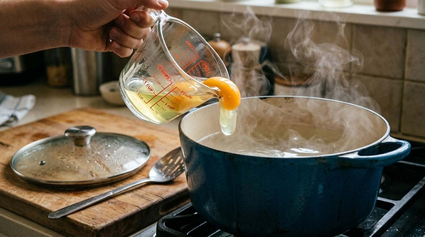 Egg tipping from a measuring cup into steaming water