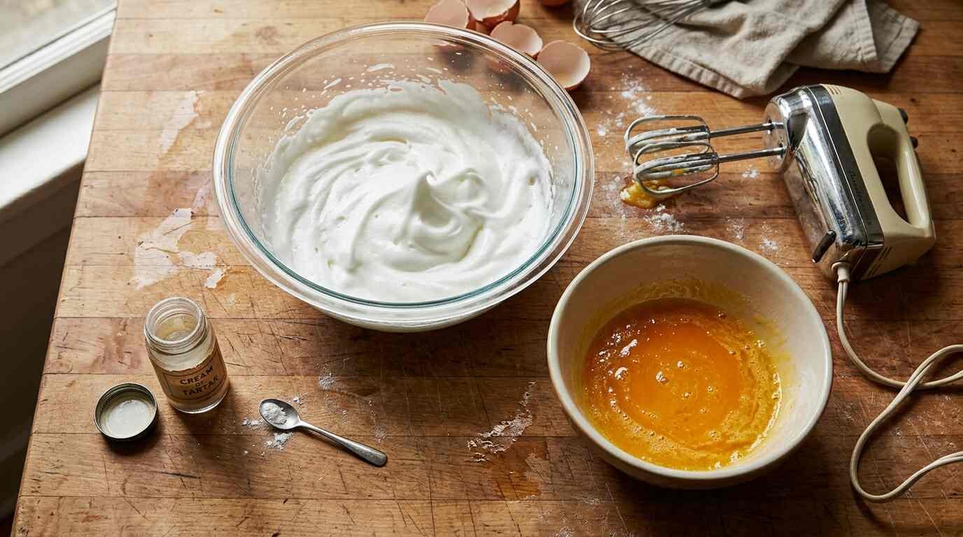 Egg whites and yolks in mixing bowls for a fluffy diner omelet