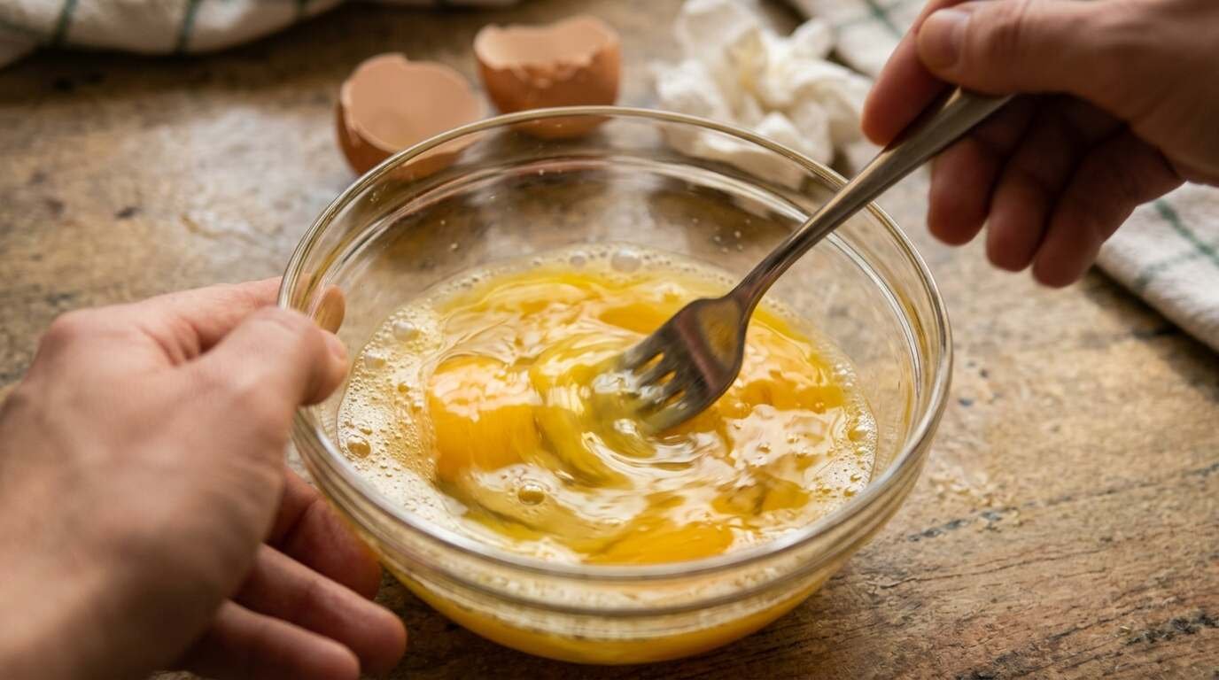 Eggs being whisked in a small glass bowl with a fork