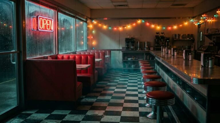 Empty 1980s-style American diner at night with neon lighting