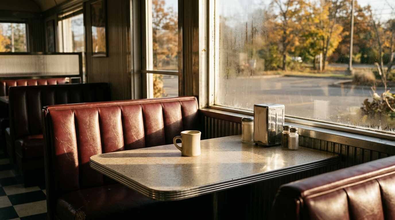 Empty red vinyl diner booth with a coffee mug and napkin dispenser in autumn window light