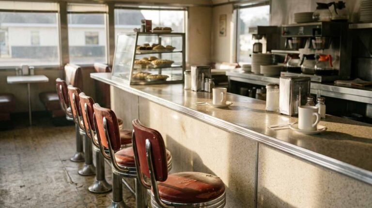 Empty diner counter with chrome-trimmed stools, white coffee mugs and a glass pie case in morning light