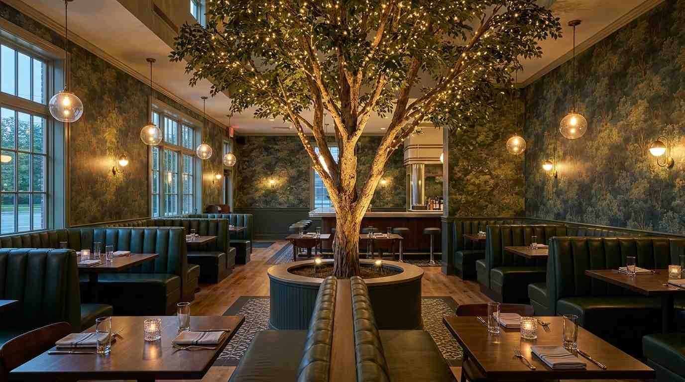 Diner dining room with a custom-lit tree and green leather booths