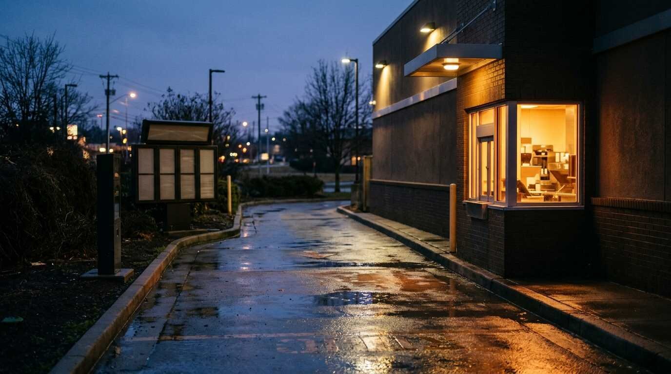 An empty drive-thru lane at dusk with a lit pickup window and wet asphalt