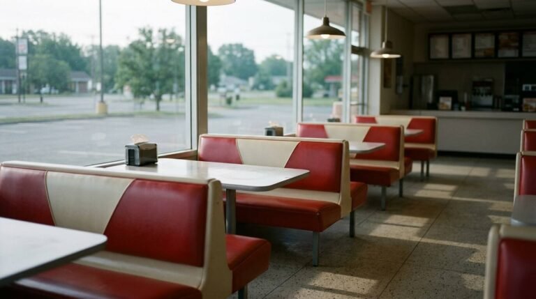 An empty quick-service restaurant dining room with red and cream booths in early morning light