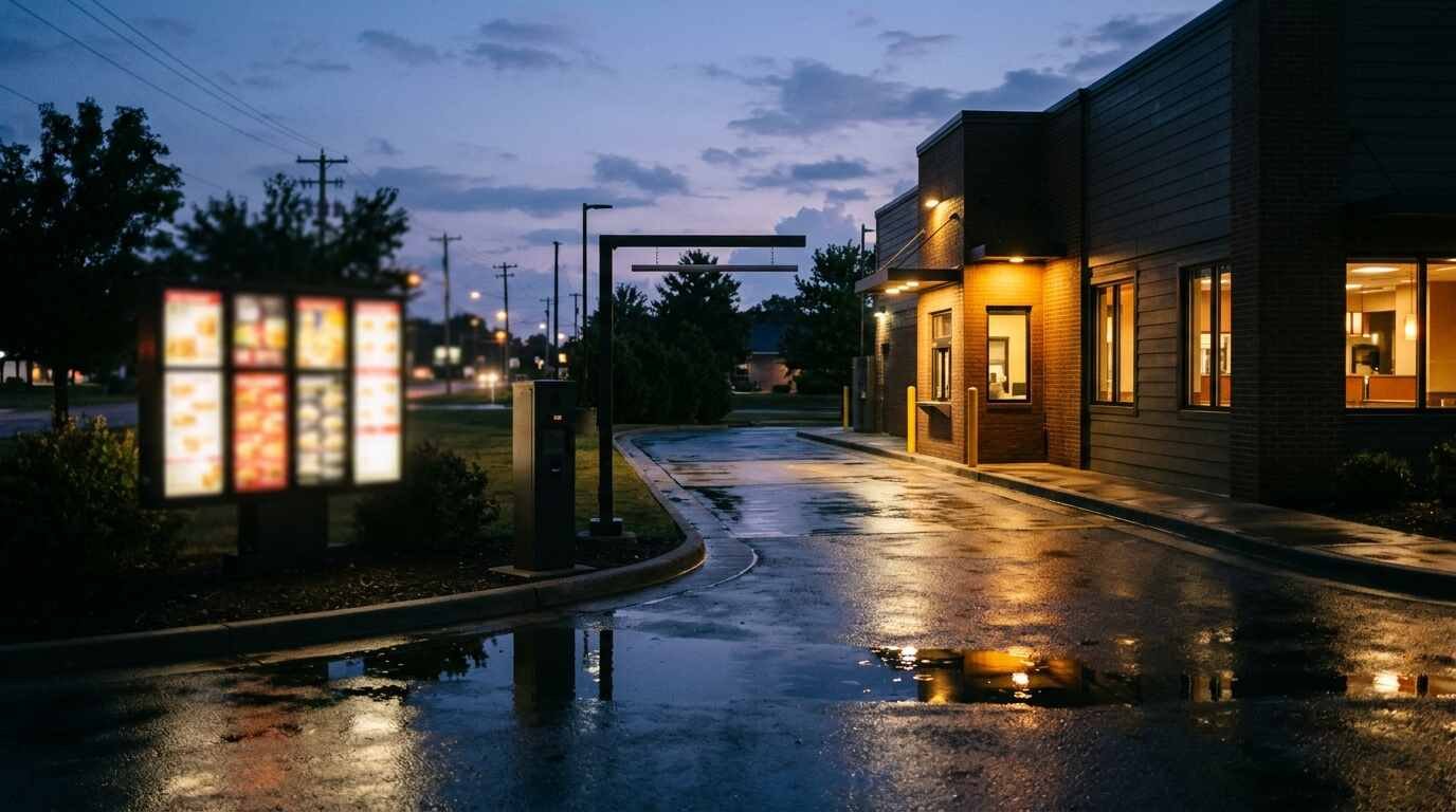 An empty restaurant drive-through lane at dusk with a softly glowing menu board and wet pavement