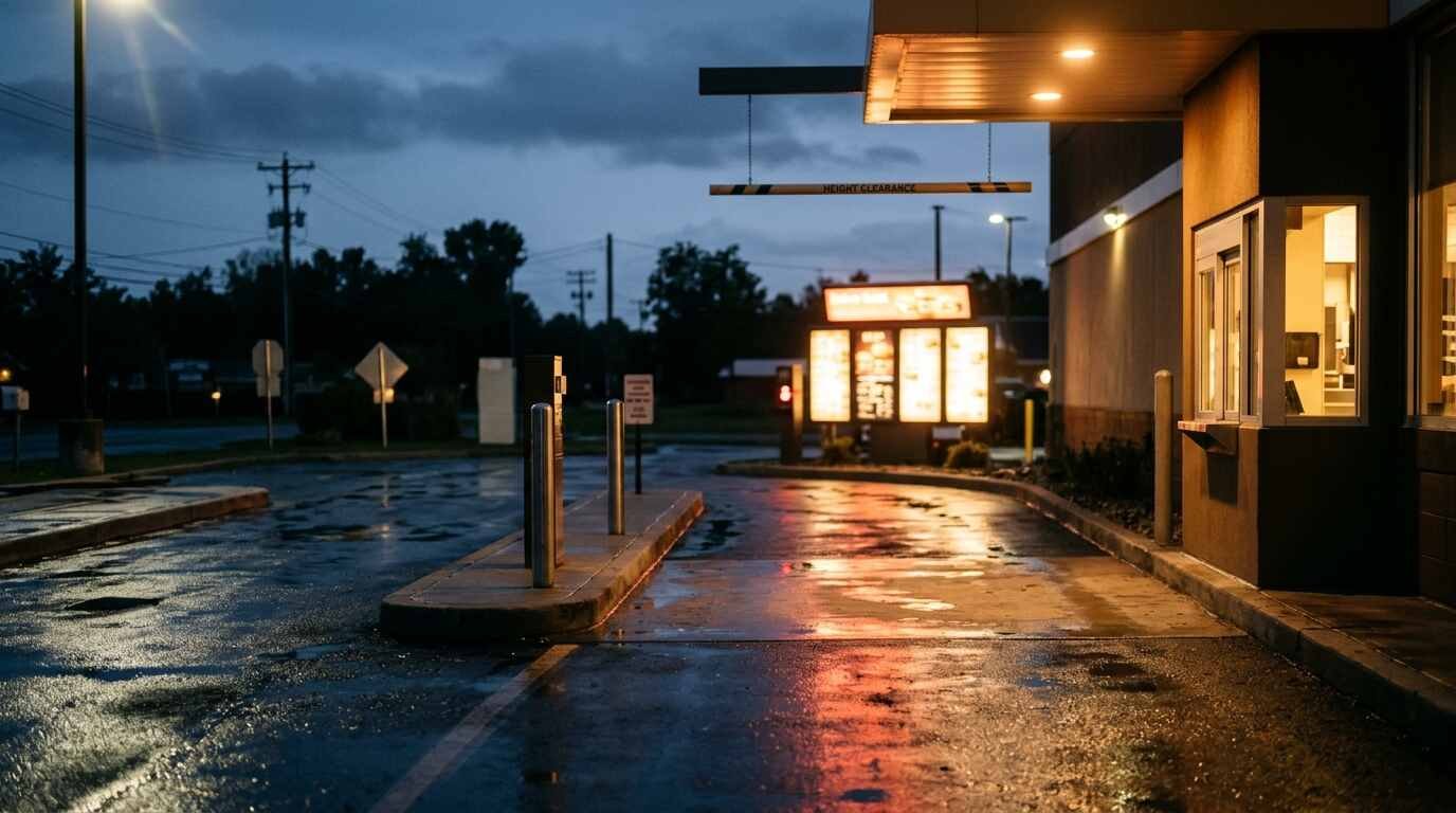 An empty restaurant drive-thru lane at dusk with a glowing menu board and wet pavement