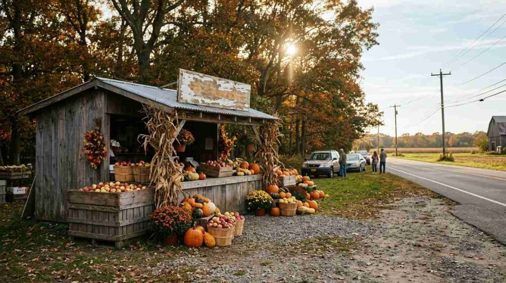 Roadside farm stand with pumpkins and apples