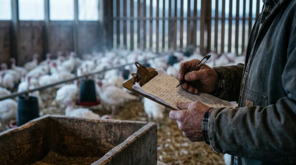 Farmer with a clipboard in a turkey barn at dawn