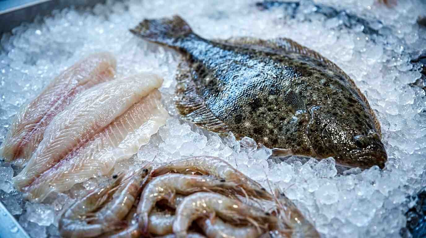 Fresh flounder, fillets and shrimp on crushed ice in a fish market display case