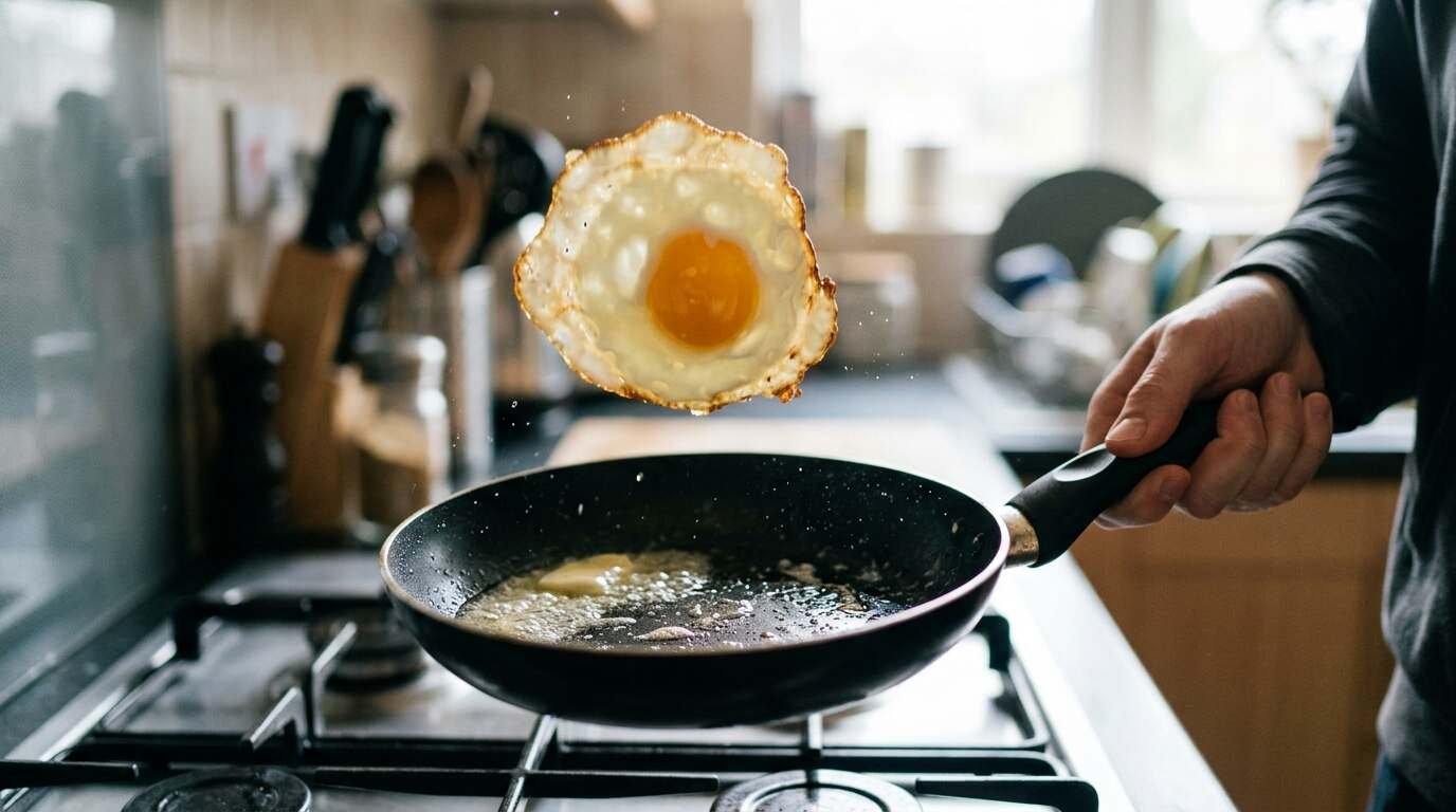 An over-easy egg mid-flip above a non-stick pan
