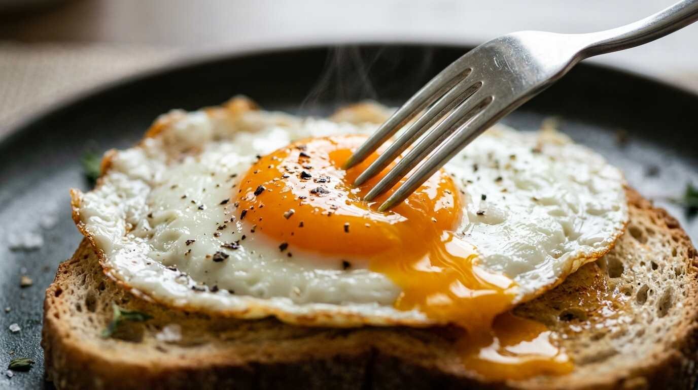 A fork piercing the yolk of an over-easy egg