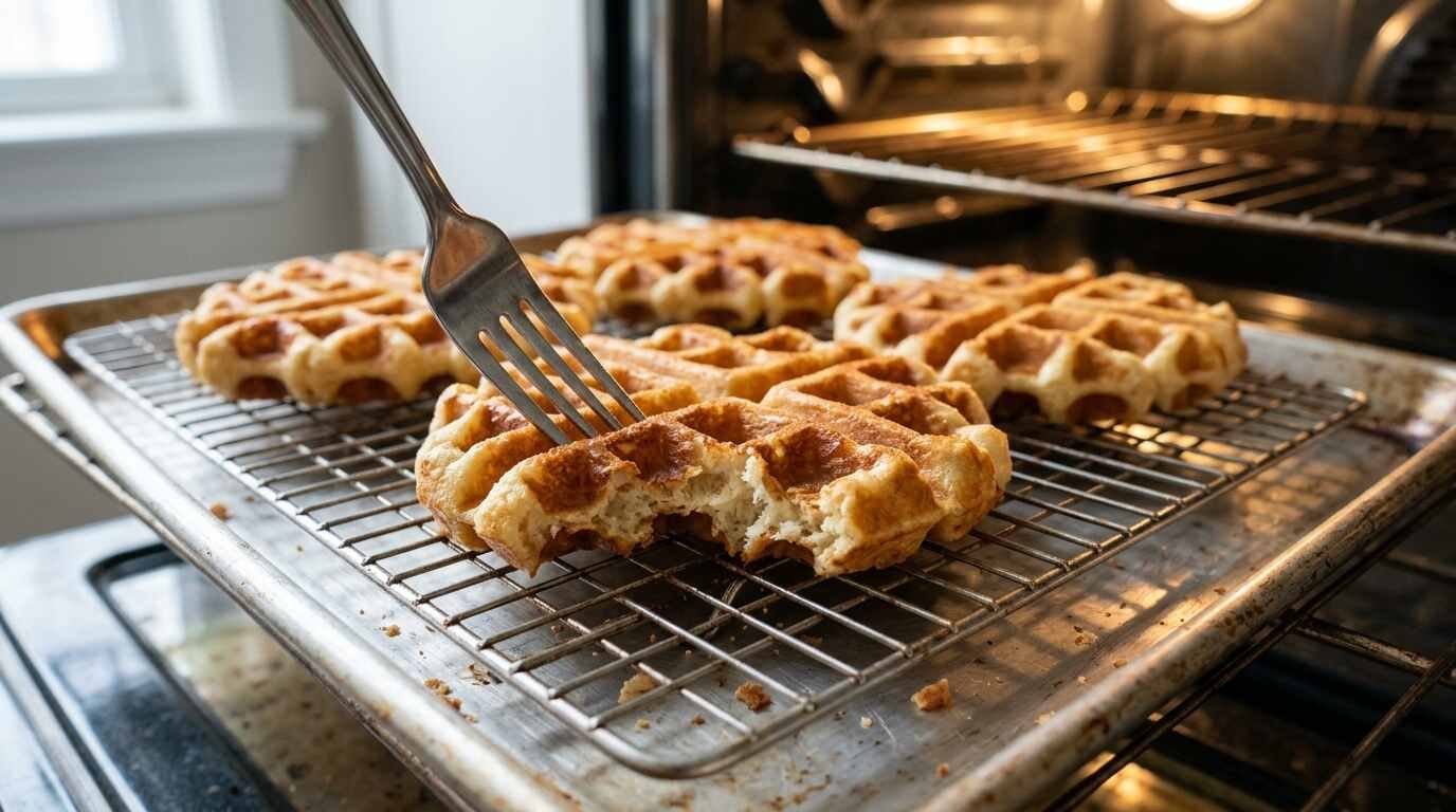 Fork pressing into a crisp waffle on a cooling rack