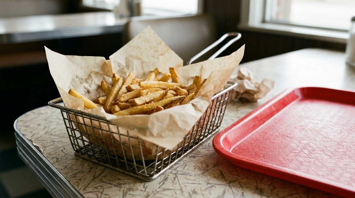 A wire basket of golden french fries beside a red tray on a diner table